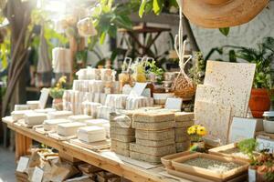 Plantable seed paper products attractively displayed at a local bargain market, promoting eco-friendly gardening and sustainability. photo
