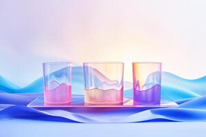 Three cylindrical glasses with pink-hued wavy liquids on a tray, set against an abstract blue and purple wave-inspired background. photo