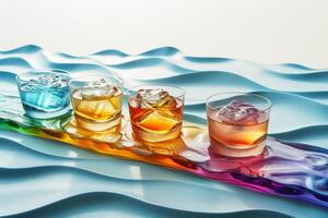 Artistically arranged quartet of glasses with colored liquids and ice, set against a wavy, ripple-textured surface and a gentle wave-themed background. whiskey set photo