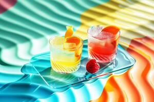 Two vibrant cocktails on a reflective surface with a wavy texture, set against a gradient backdrop, garnished with citrus twists and fruits. photo