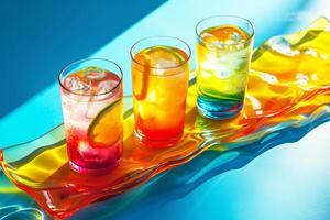 Three vibrant gradient drinks with citrus and ice, aesthetically placed. photo