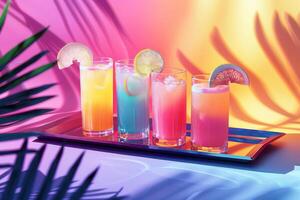 Vibrant ombre drinks garnished with citrus, presented on a modern tray against a backdrop of tropical palm shadows and warm gradients. photo