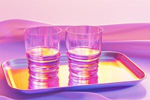 Two empty glasses in drink tray. Pink. yellow and violet gradient. photo