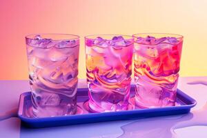 Three glasses of water with ice in drink tray. Orange and violet gradient. Refresh drink. set photo