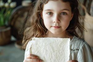 8 year old girl from Generation Alpha displays a sustainable greeting card made from plantable seed paper, showcasing a commitment to environmental education and green practices from a young age photo