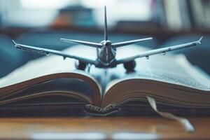 Immigration education program concept. International students and visa. Travel and learning and research the world. Opened book with airplane as a bookmark in front of window. photo