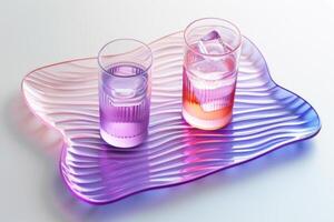 Two glasses of water in drink tray. Pink and violet gradient. photo