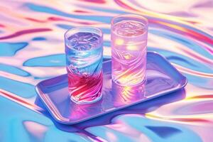 Two glasses of water with ice in drink tray. Pink, blue and violet gradient. Refresh drink photo