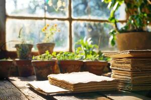 Plantable seed paper created with DIY guide using recycled paper, seeds, and common household items. photo