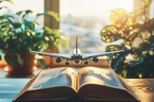 Immigration education program concept. International students and visa. Travel and learning and research the world. Opened book with airplane as a bookmark in front of window. photo