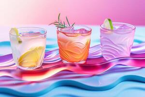 Trio of colorful summer drinks in patterned glassware on a dynamic blue and purple wavy backdrop, accentuated with fresh garnishes photo