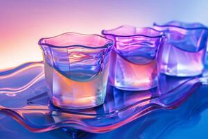 Three glass tumblers with cool blue and purple spectral hues, mirrored on a reflective surface for an artistic and vibrant visual effect. photo