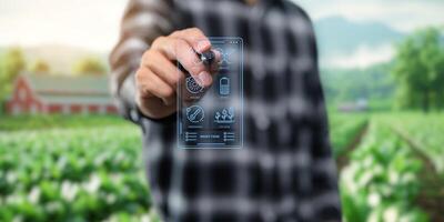 Smart Farm UI hologram system control, maintenance, displaying growth information Nutrients, fertilizers, water, insect pests of trees, plants, and vegetables, use technology in agriculture. photo