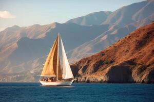 Sailing yacht in the sea against the backdrop of mountains photo