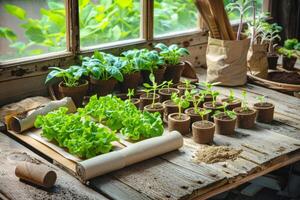 Germination process and growth of green leafy plants from plantable seed paper, showcased on a wooden potting bench near a sunny window. photo