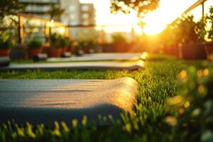 A tranquil yoga setting atop a city building, surrounded by verdant rooftop garden elements, offering a peaceful urban retreat photo