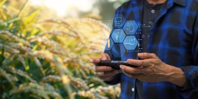 Smart Farm UI hologram system control, maintenance, displaying growth information Nutrients, fertilizers, water, insect pests of trees, plants, and vegetables, use technology in agriculture. photo