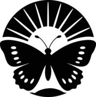 A silhouette of a butterfly soaring towards or against a setting of rising sun vector
