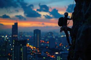 rock climber on the edge of a cliff at sunset photo