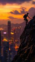 a man climbing up a mountain at sunset photo
