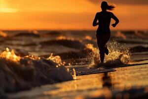 a woman running on the beach at sunset photo
