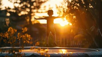 a child jumping on a trampoline at sunset photo
