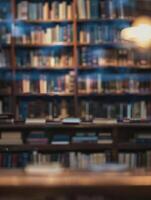 a blurry image of a library with books on shelves photo