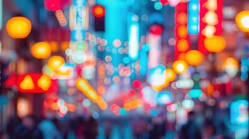 blurred image of busy city street with neon lights photo