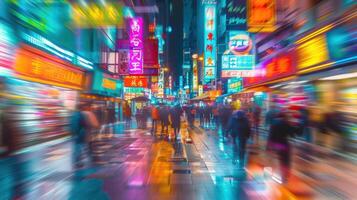 blurred image of people walking down a busy street at night photo