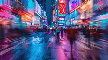 blurred image of people walking down a busy street at night photo