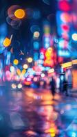 abstract blurry night city street with lights and bokeh effect photo