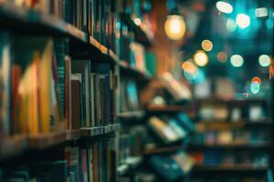 a blurry image of books on a shelf in a library photo