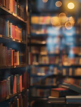 a library with books on shelves and a blurry background photo