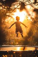 a boy jumping on a trampoline at sunset photo