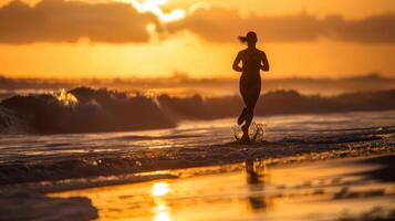 a woman running on the beach at sunset photo