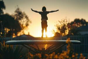 a person jumping on a trampoline at sunset photo