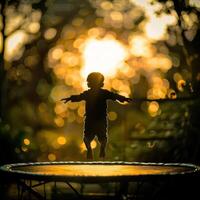 a child jumping on a trampoline at sunset photo