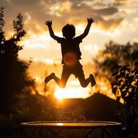 a child jumping on a trampoline at sunset photo