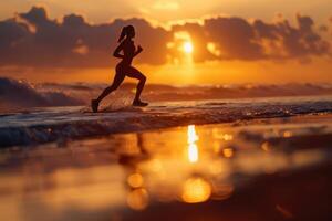 a woman running on the beach at sunset photo