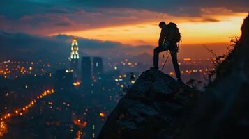 a man standing on top of a mountain at sunset photo