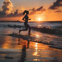 a woman running on the beach at sunset photo