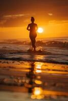 a woman running on the beach at sunset photo