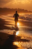 a person running on the beach at sunset photo