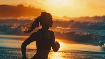 a woman running on the beach at sunset photo