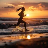 a woman running on the beach at sunset photo