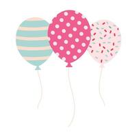 Three balloons with pink polka dots and sprinkles. The balloons are connected by a string. The balloons are colorful and festive, suggesting a celebration or party vector