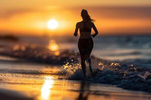 a woman running on the beach at sunset photo
