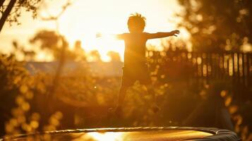 a child jumping on a trampoline at sunset photo