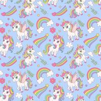 A colorful pattern of unicorns and rainbows on a blue background. The unicorns are drawn with big eyes and big smiles, and the rainbows are drawn in various sizes and colors vector