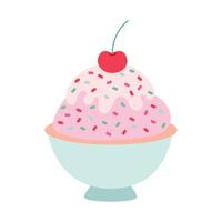 A cartoonish image of a bowl of ice cream with a cherry on top. The image has a playful and fun mood vector